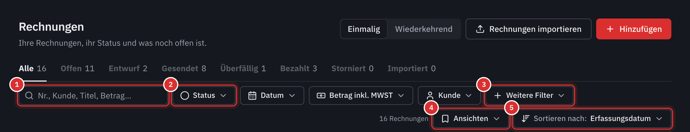 Die Werkzeugleiste der Rechnungsliste: die Suche, die Filter Status, Datum, Betrag inkl. MWST und Kunde, Weitere Filter, Ansichten und Sortieren nach.