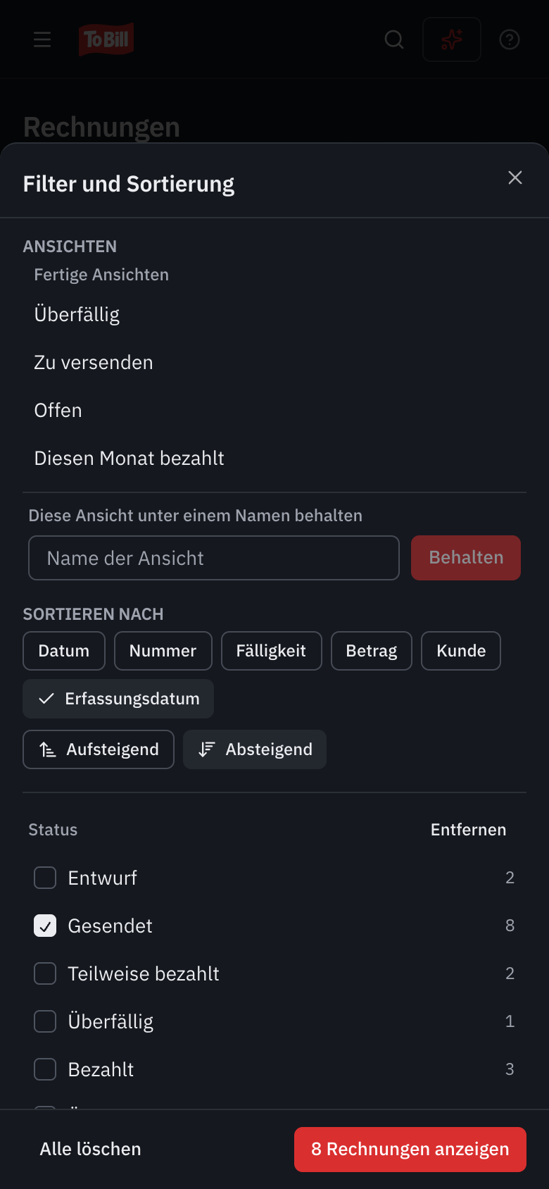 Das Feld Filter und Sortierung auf einem Smartphone: die Ansichten, die Sortierung und der Filter Status, mit der Schaltfläche 7 Rechnungen anzeigen.