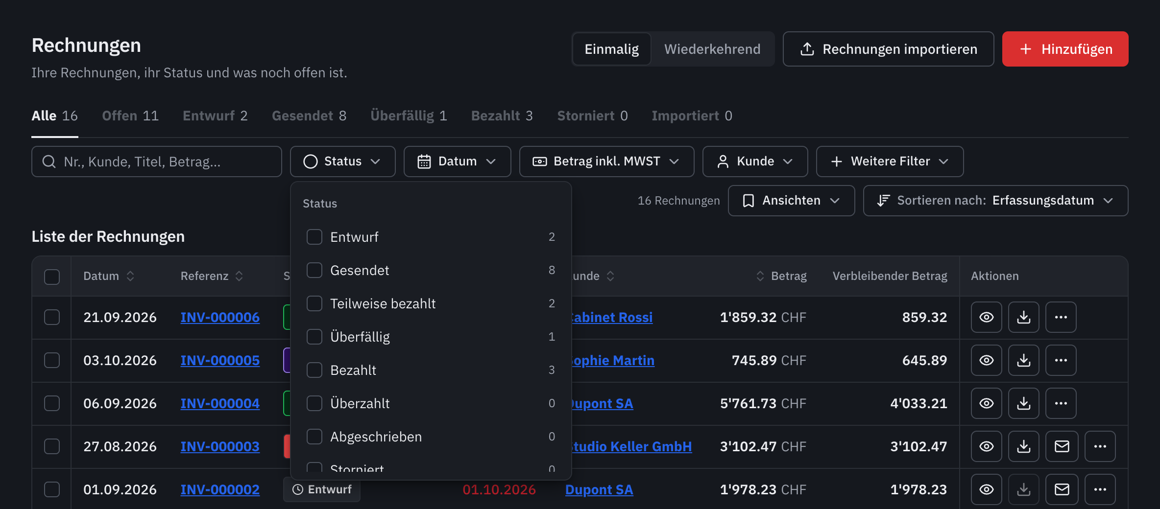 Der geöffnete Filter Status: Entwurf, Gesendet, Teilweise bezahlt, Überfällig, Bezahlt, mit ihrer Anzahl.