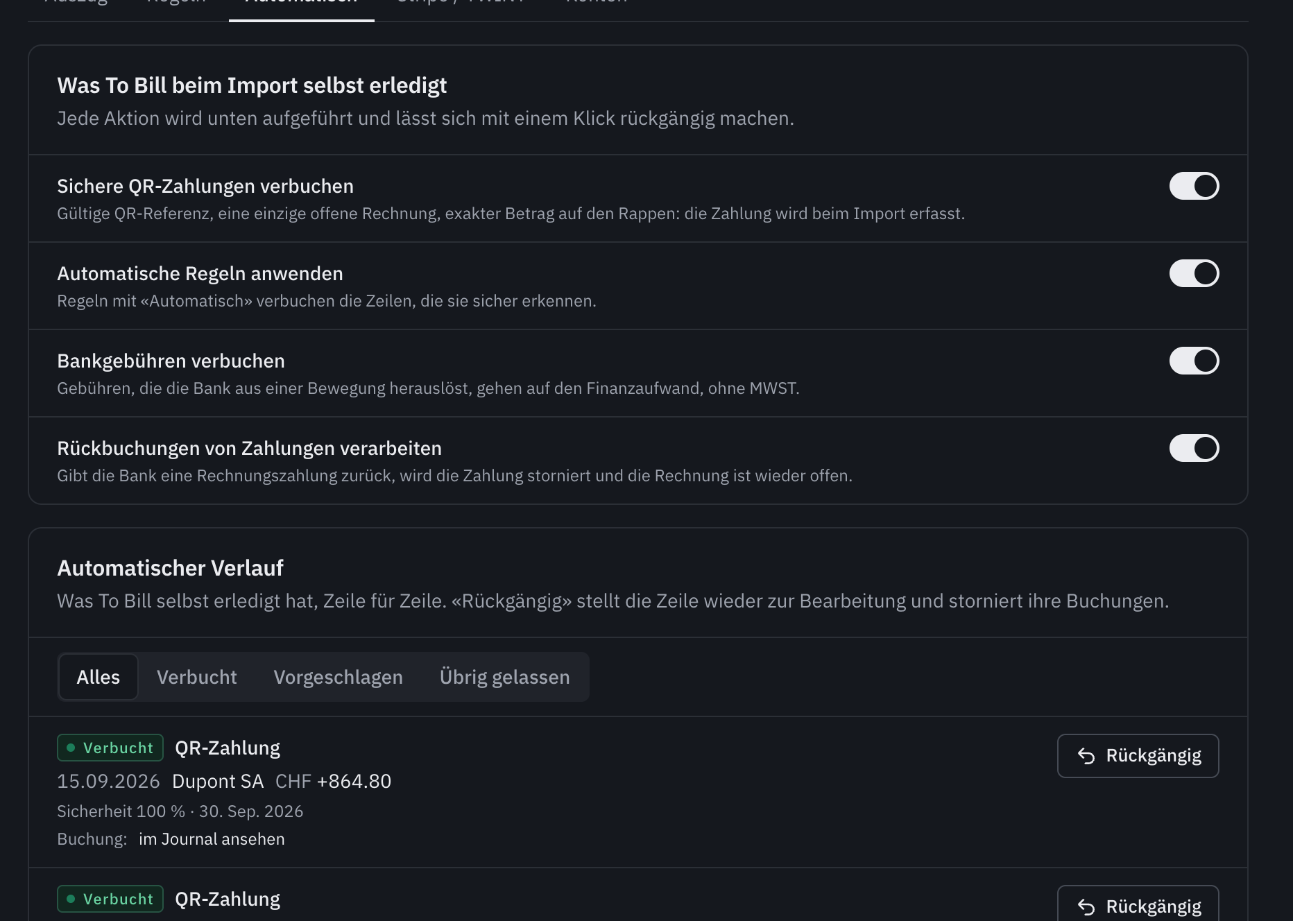 Der Tab Automatisch: die vier Schalter, alle eingeschaltet, darunter der automatische Verlauf mit einer verbuchten QR-Zahlung und ihrer Schaltfläche Rückgängig.
