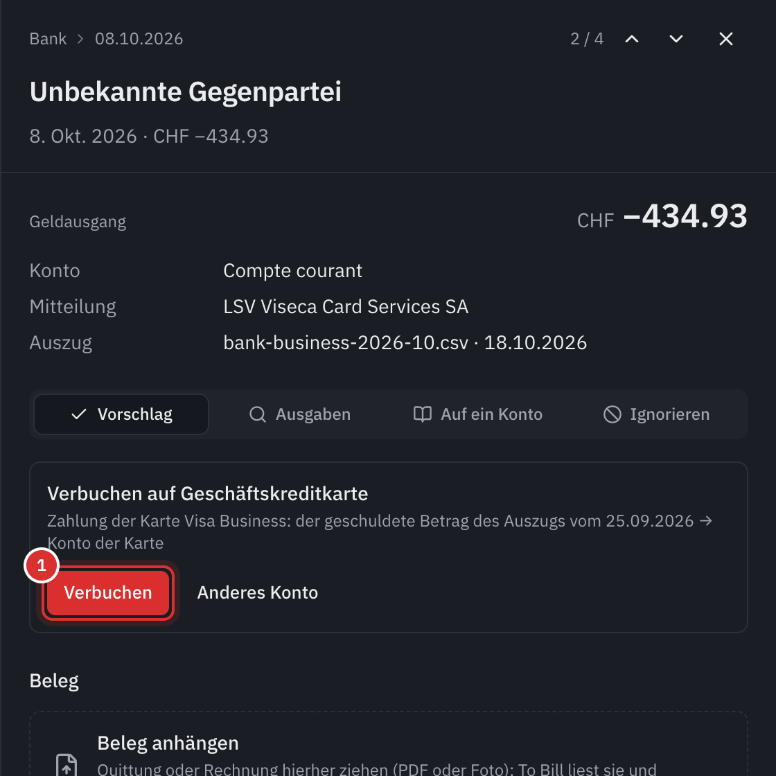 Das Feld einer Bankzeile über 434.93, LSV Viseca Card Services SA: der Vorschlag Buchen auf Geschäftskreditkarte, Zahlung der Karte Visa Business, der geschuldete Betrag des Auszugs vom 25.09.2026 und die Schaltfläche Buchen.
