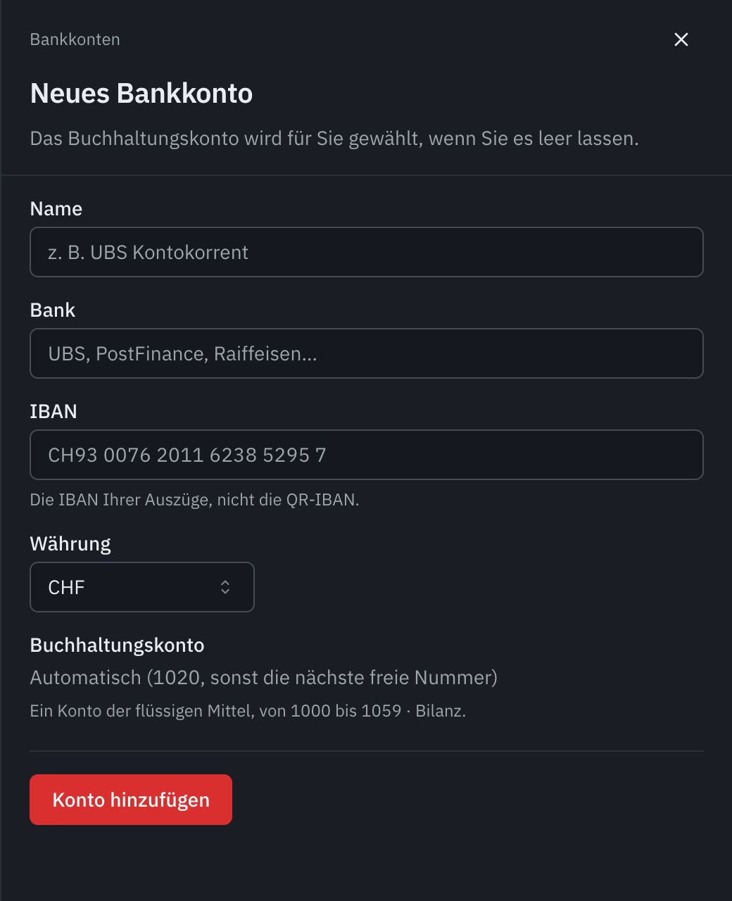 Das Formular Neues Bankkonto: Name, Bank, IBAN, Währung, das automatische Buchhaltungskonto und die Schaltfläche Konto hinzufügen.