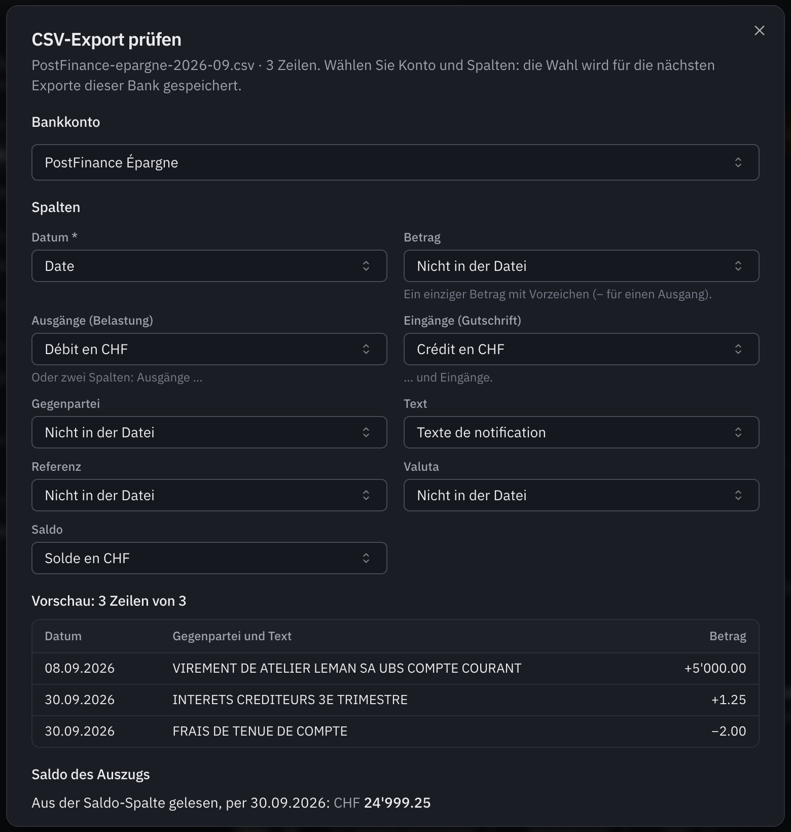 Das Fenster CSV-Export prüfen: das Bankkonto PostFinance Épargne, die Spalten Datum, Ausgänge, Eingänge, Text und Saldo, die Vorschau von drei Zeilen und der aus der Datei gelesene Saldo.