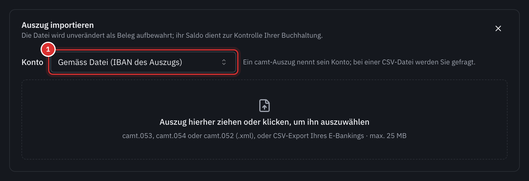 Der Bereich Auszug importieren: die Wahl des Kontos, Gemäss Datei (IBAN des Auszugs), und die Fläche zum Ablegen der Datei, camt.053, camt.054 oder camt.052, oder CSV-Export, max. 25 MB.