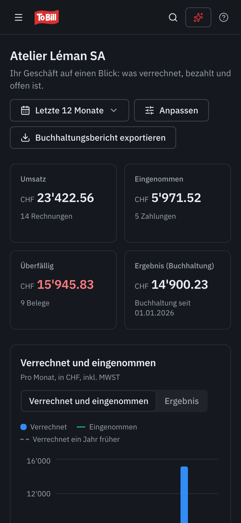 Die Übersicht von To Bill auf einem Smartphone.