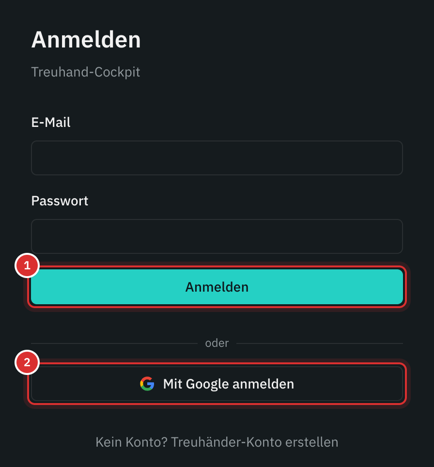 Die Anmeldeseite des Cockpits: E-Mail und Passwort, darunter die Schaltfläche Mit Google anmelden.