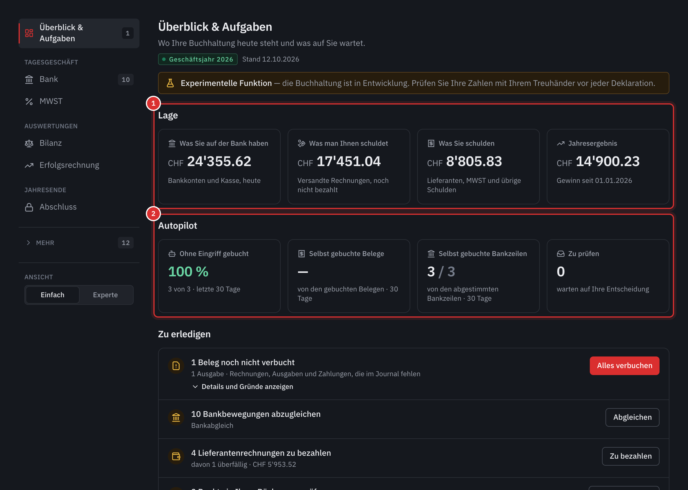 Die Seite Überblick & Aufgaben: vier Zahlen zur Lage, der Autopilot und der Anfang der Liste Zu erledigen.