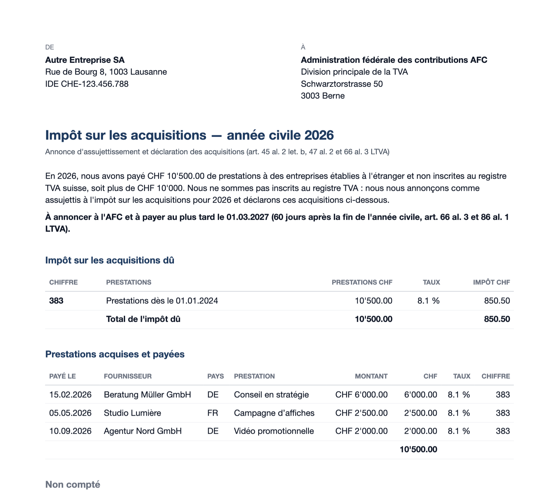 Der Brief an die ESTV: die Anmeldung der Steuerpflicht für 2026, die Steuer von CHF 850.50 in Ziffer 383 und die Liste der bezahlten Leistungen.