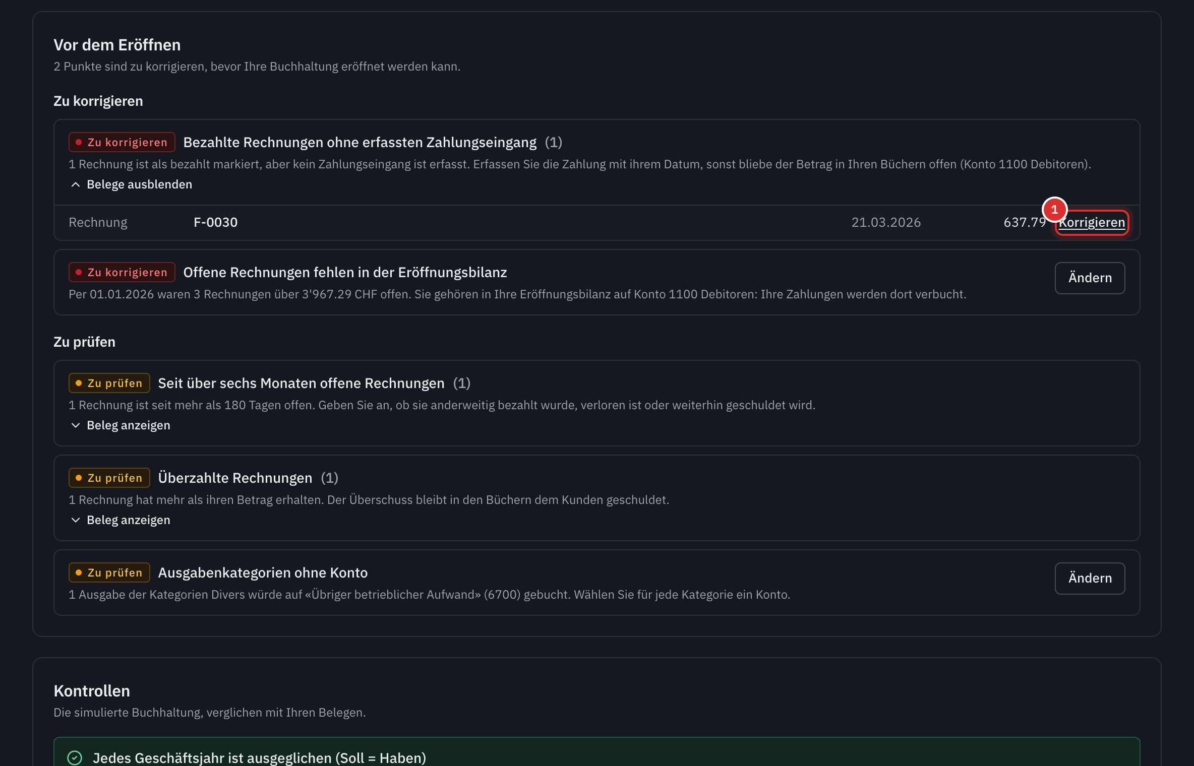 Die Vorschau: zwei Punkte zu korrigieren, darunter eine bezahlte Rechnung ohne Zahlungseingang, mit dem Link Korrigieren.