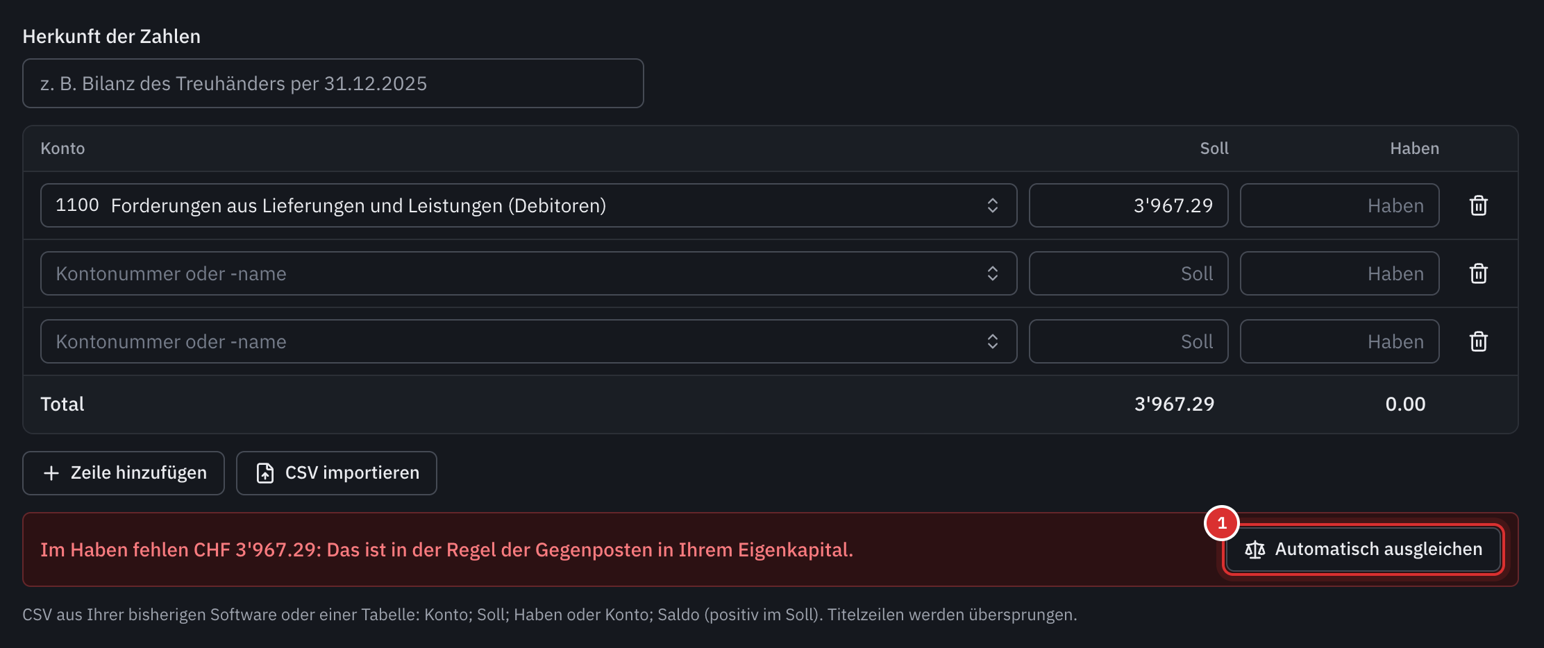 Die Eröffnungsbilanz mit nur der Zeile der offenen Rechnungen: die Meldung mit dem fehlenden Betrag im Haben und die Schaltfläche Automatisch ausgleichen.