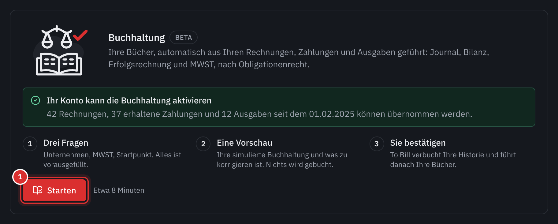 Die Karte Buchhaltung unter Einstellungen, Module, mit der Schaltfläche Starten.