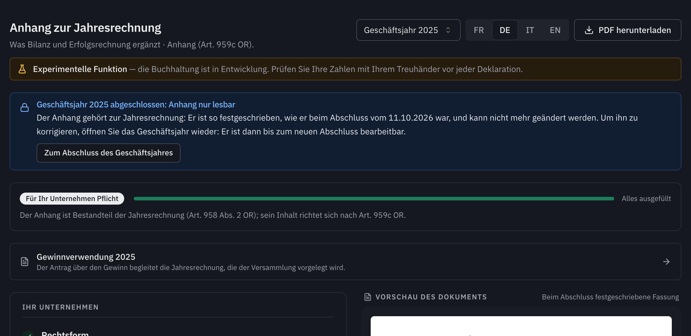 Der Anhang 2025 nach dem Abschluss: die Meldung Geschäftsjahr 2025 abgeschlossen: Anhang nur lesbar, mit dem Link Zum Abschluss des Geschäftsjahres.