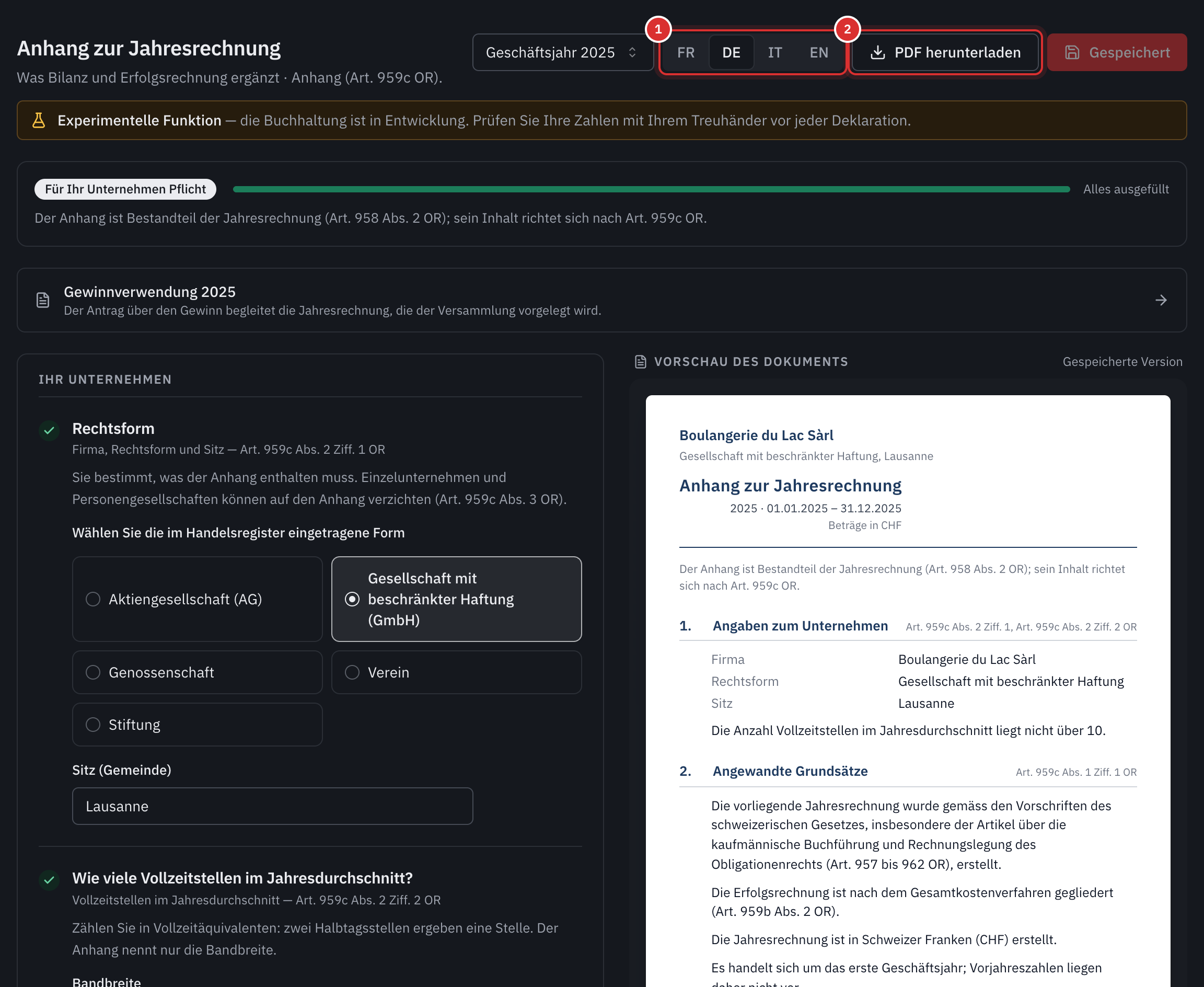 Der Anhang 2025: die Sprache des Dokuments, die Schaltfläche PDF herunterladen, die Leiste Alles ausgefüllt, links die Fragen zum Unternehmen und rechts die Vorschau des Dokuments.