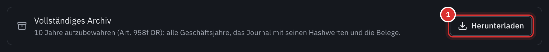 Die Zeile Vollständiges Archiv auf der Seite Exporte, zehn Jahre aufzubewahren, mit ihrer Schaltfläche Herunterladen.