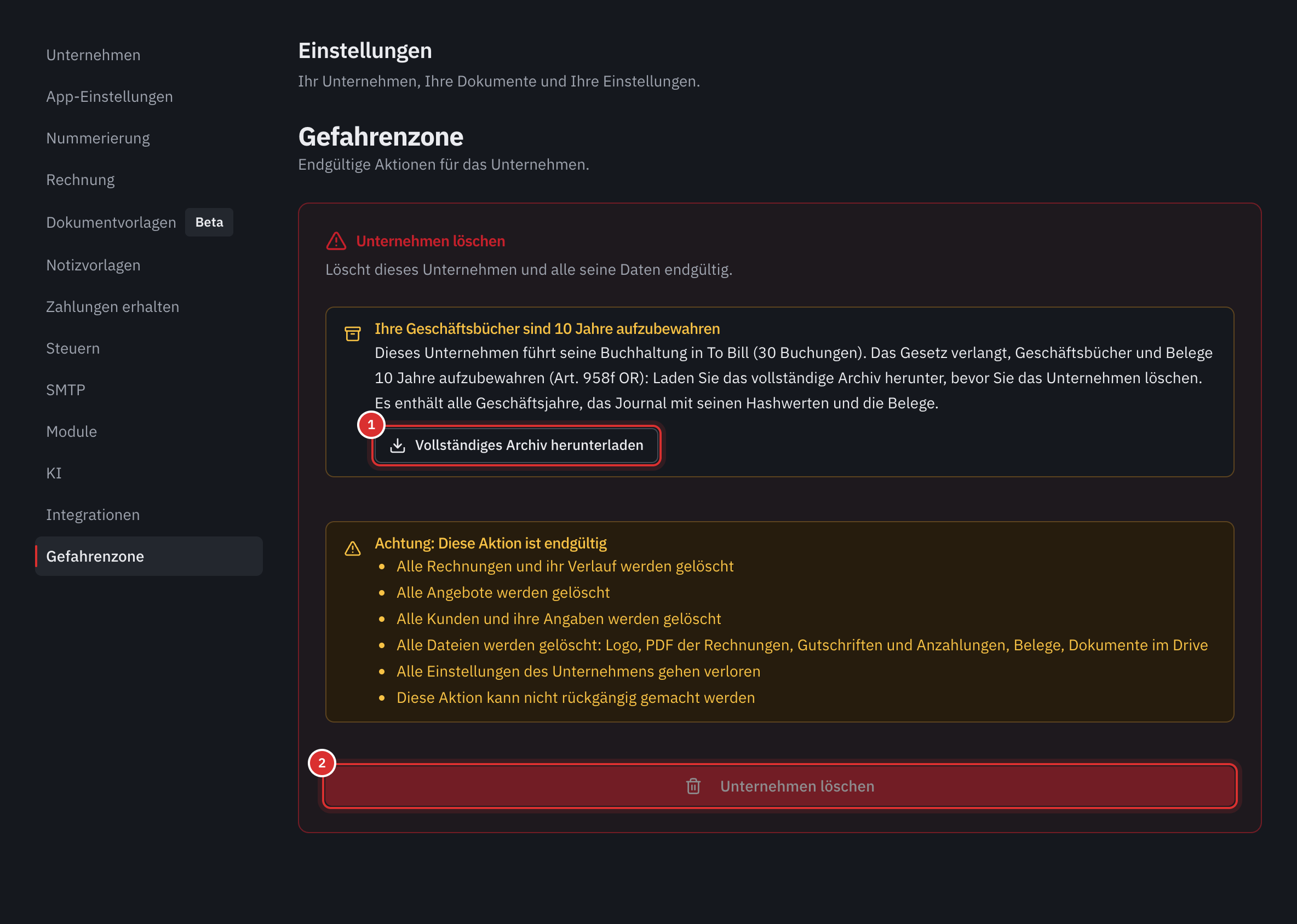 Die Gefahrenzone: der Kasten Ihre Geschäftsbücher sind 10 Jahre aufzubewahren mit der Schaltfläche Vollständiges Archiv herunterladen, und die deaktivierte Schaltfläche Unternehmen löschen.