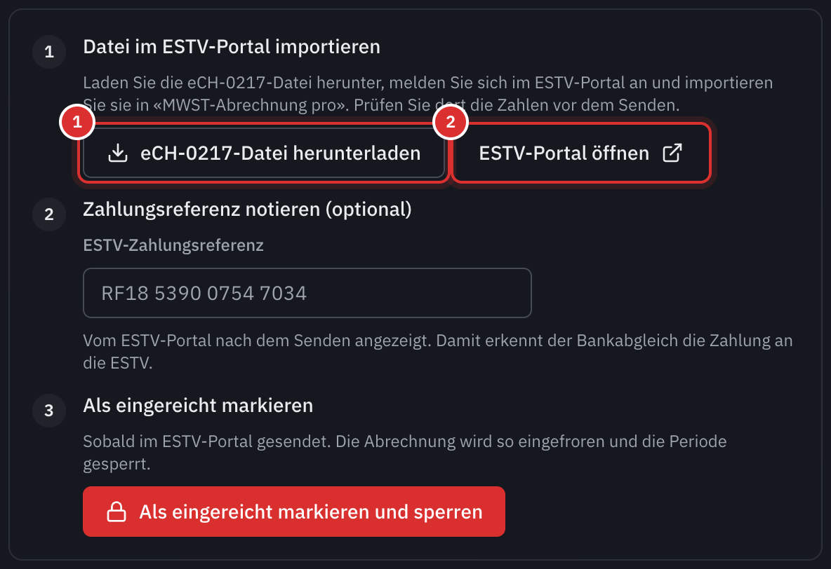 Der Schritt Datei im ESTV-Portal importieren, mit den Schaltflächen eCH-0217-Datei herunterladen und ESTV-Portal öffnen.
