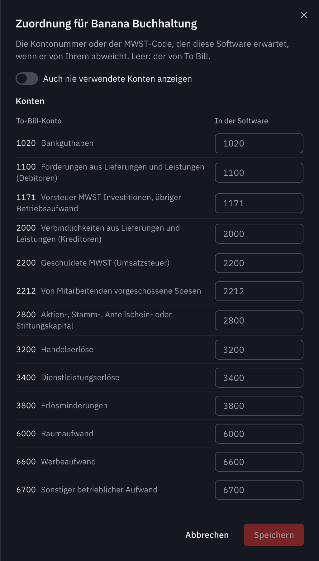 Das Fenster Zuordnung für Banana Buchhaltung: die verwendeten Konten und die MWST-Codes, mit dem von der Software erwarteten Wert.
