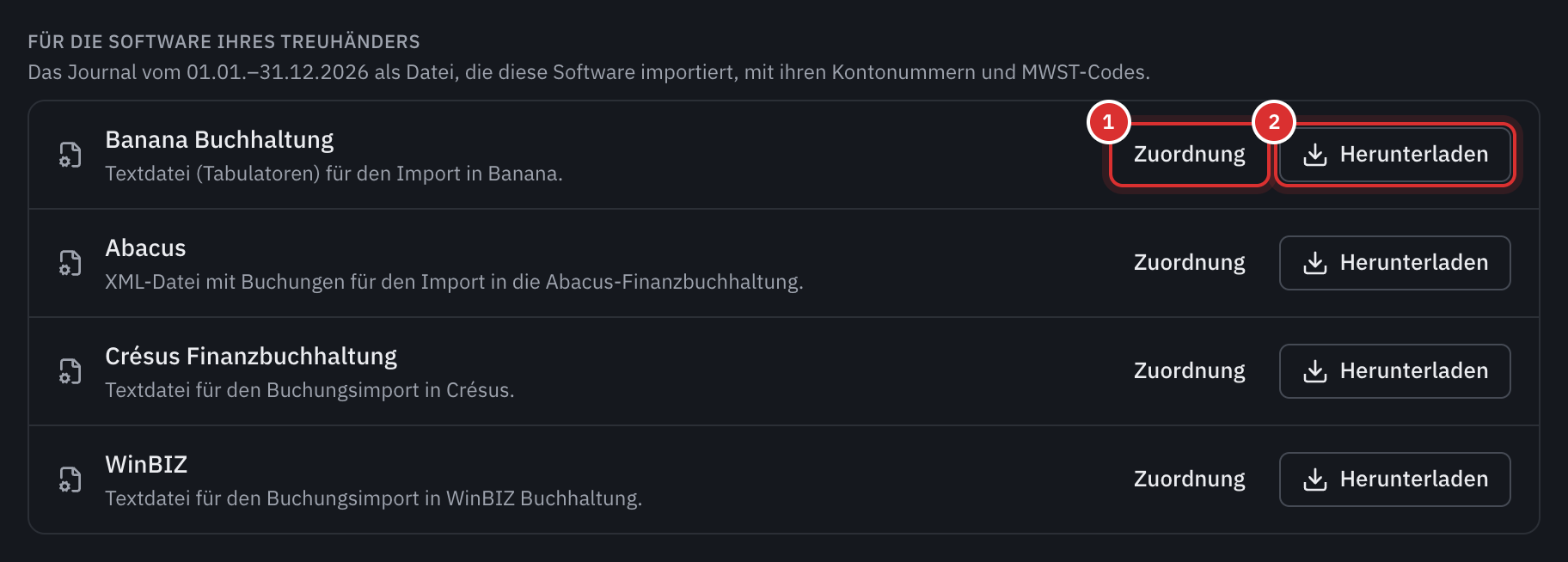 Die vier Treuhand-Programme, jedes mit seinen Schaltflächen Zuordnung und Herunterladen.