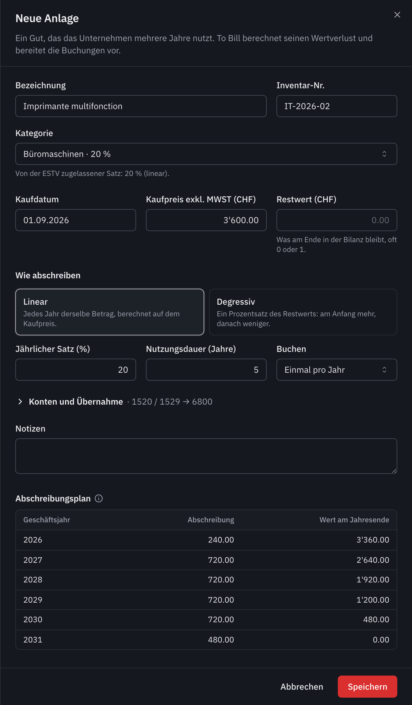 Das Formular Neue Anlage: ein Multifunktionsdrucker, Kategorie Büromaschinen zu 20 %, linear über 5 Jahre, und sein Abschreibungsplan.