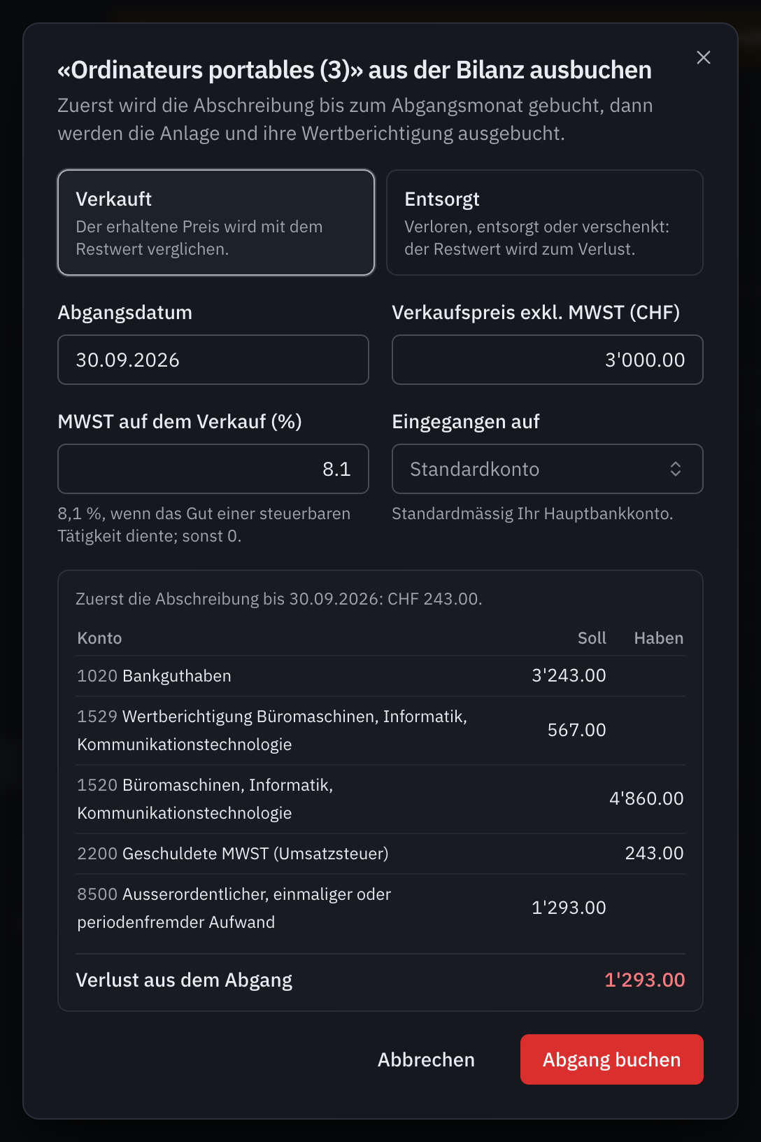 Das Fenster für den Abgang von Computern, verkauft für CHF 3'000 exkl. MWST: die Abschreibung bis zum Abgang, die vorgeschlagene Buchung und der Verlust aus dem Abgang.