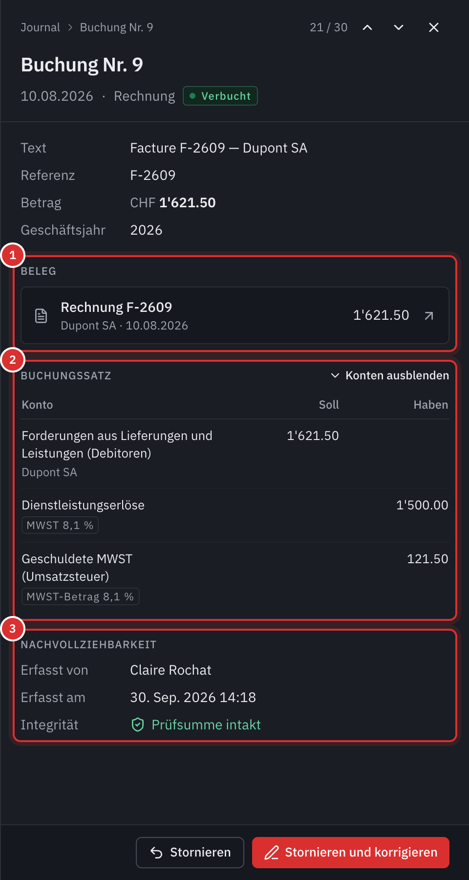 Das Fenster einer Buchung: die Rechnung, die sie belegt, ihre Zeilen im Soll und im Haben und ihre intakte Prüfsumme.