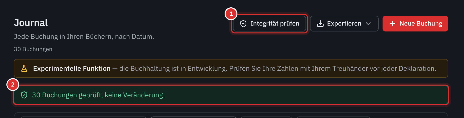 Das Ergebnis der Prüfung: alle Buchungen geprüft, keine Veränderung.