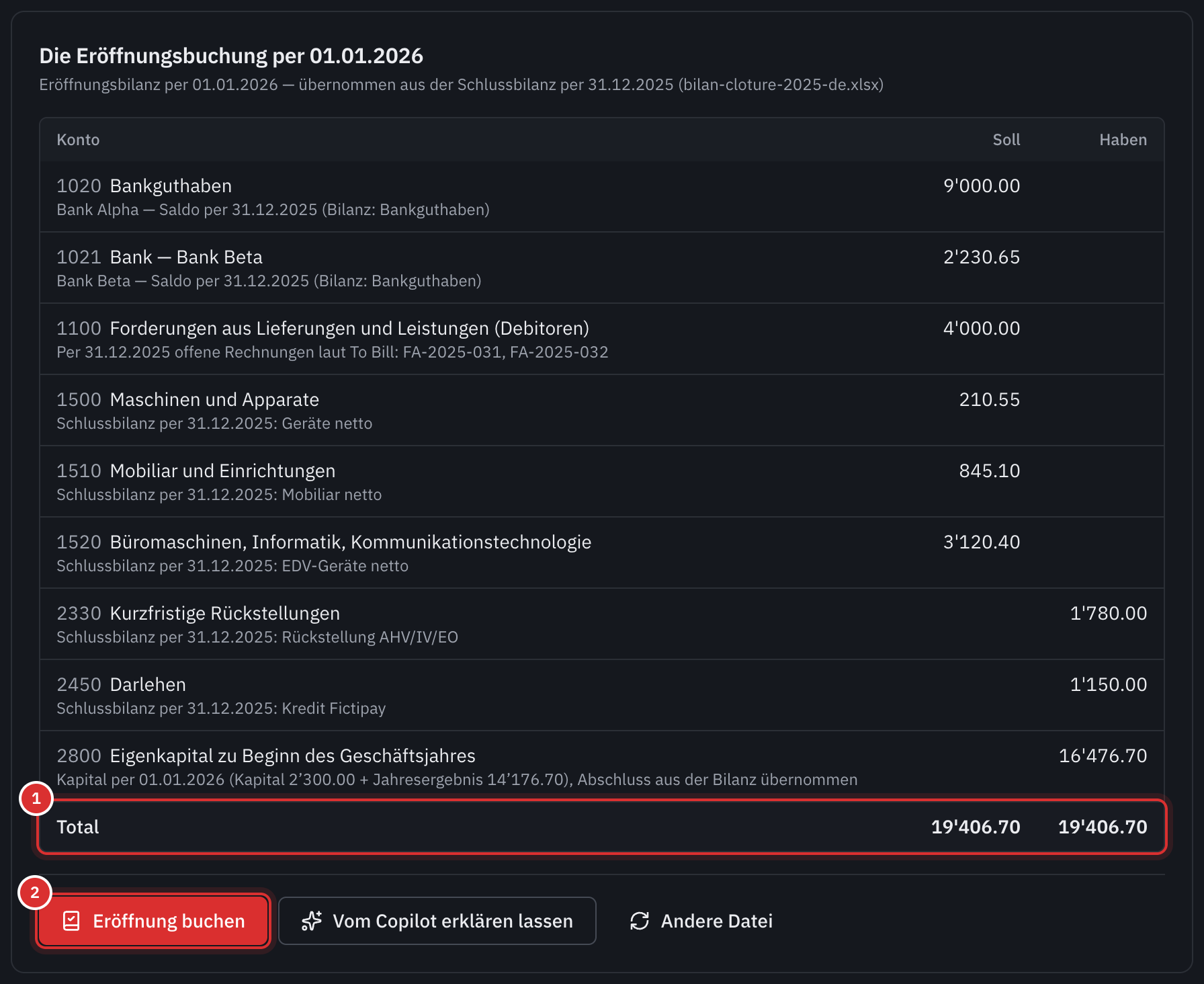 Die Eröffnungsbuchung per 01.01.2026: die Banken, die Debitoren, die Anlagen, die Rückstellung, das Darlehen und das Kapital, das ausgeglichene Total und die Schaltfläche Eröffnung buchen.