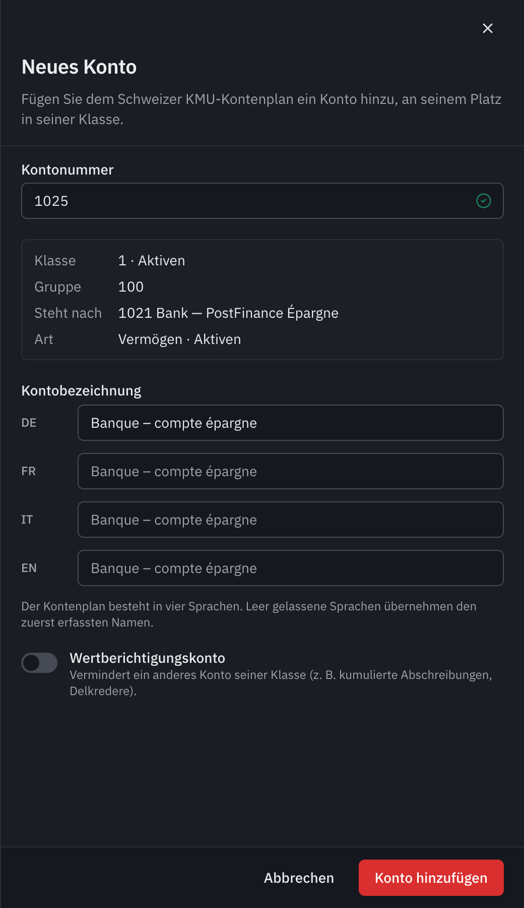 Das Fenster Neues Konto: die Nummer 1025, eingereiht nach 1020 Bank, und der Name Banque – compte épargne.