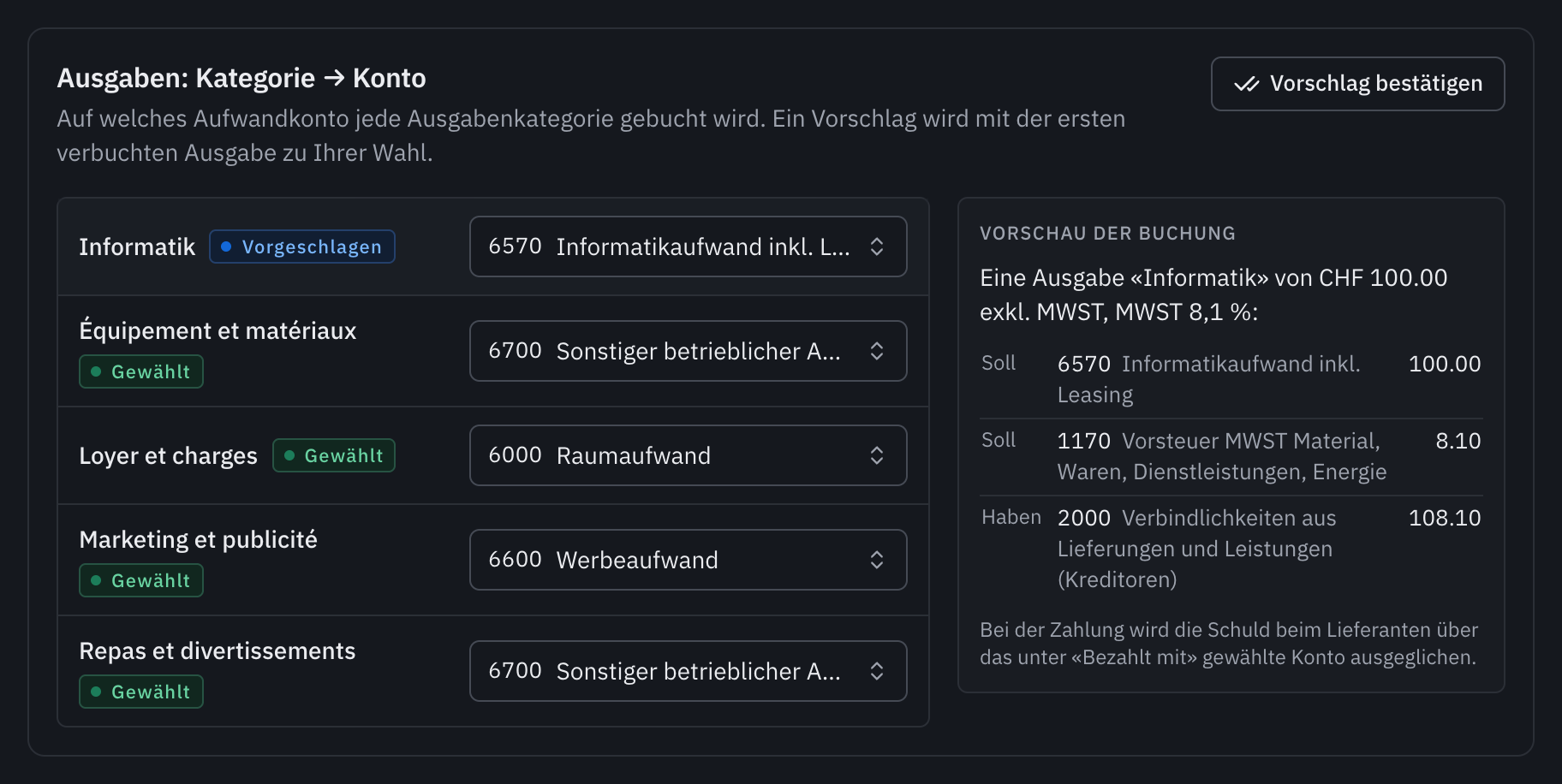 Die Karte Ausgaben: Kategorie → Konto, mit der Kategorie Informatique, vorgeschlagen auf dem Konto 6570, und der Vorschau der Buchung.