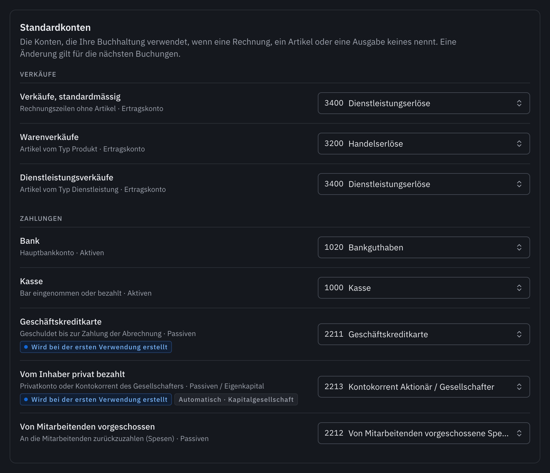 Die Karte Standardkonten: die Verkaufskonten, darunter die Konten für Bank, Kasse, Kreditkarte, Inhaber und Mitarbeitende.