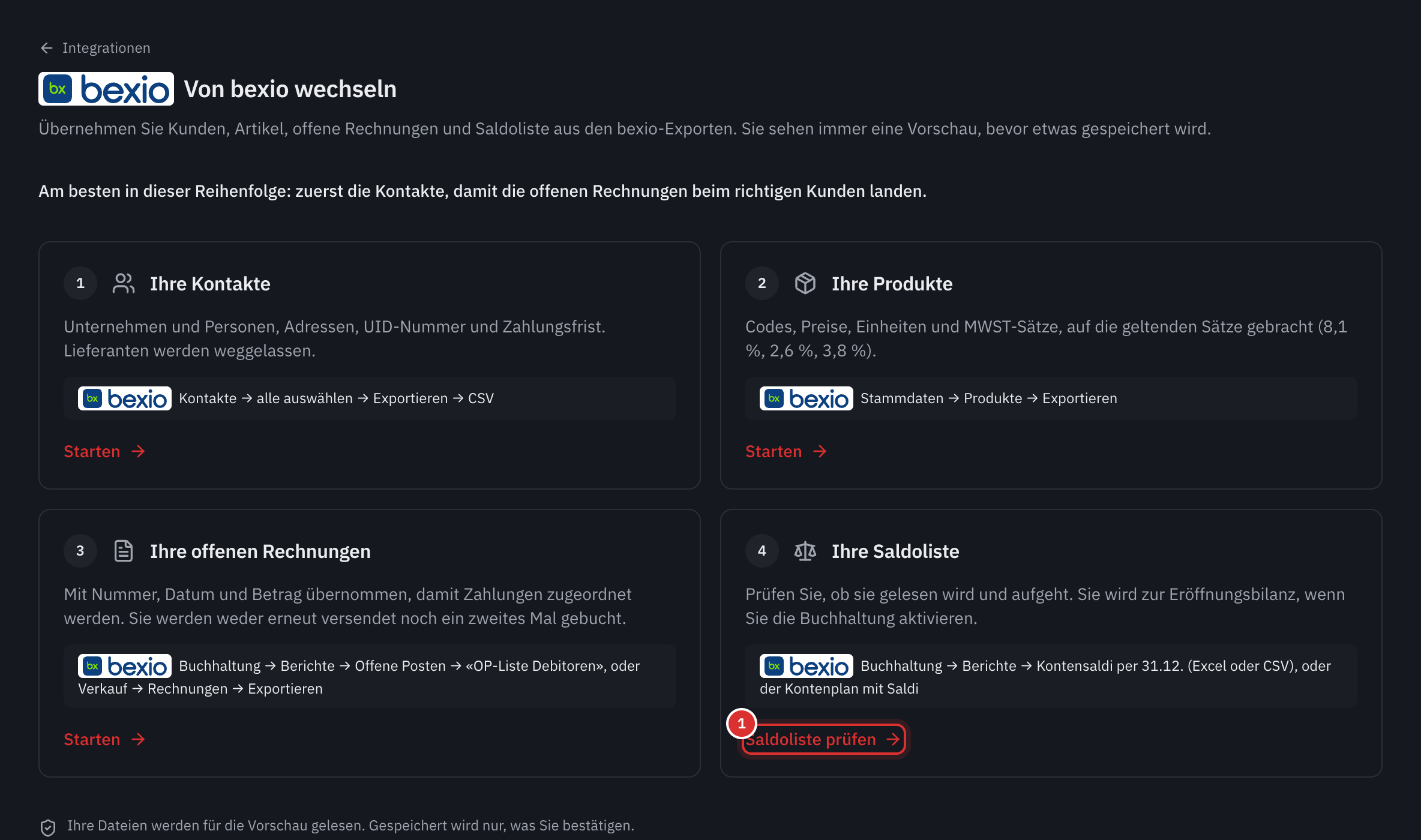 Die Seite Von bexio wechseln: Kontakte, Produkte, offene Rechnungen und Saldoliste, jeweils mit dem Weg zum Export in bexio.