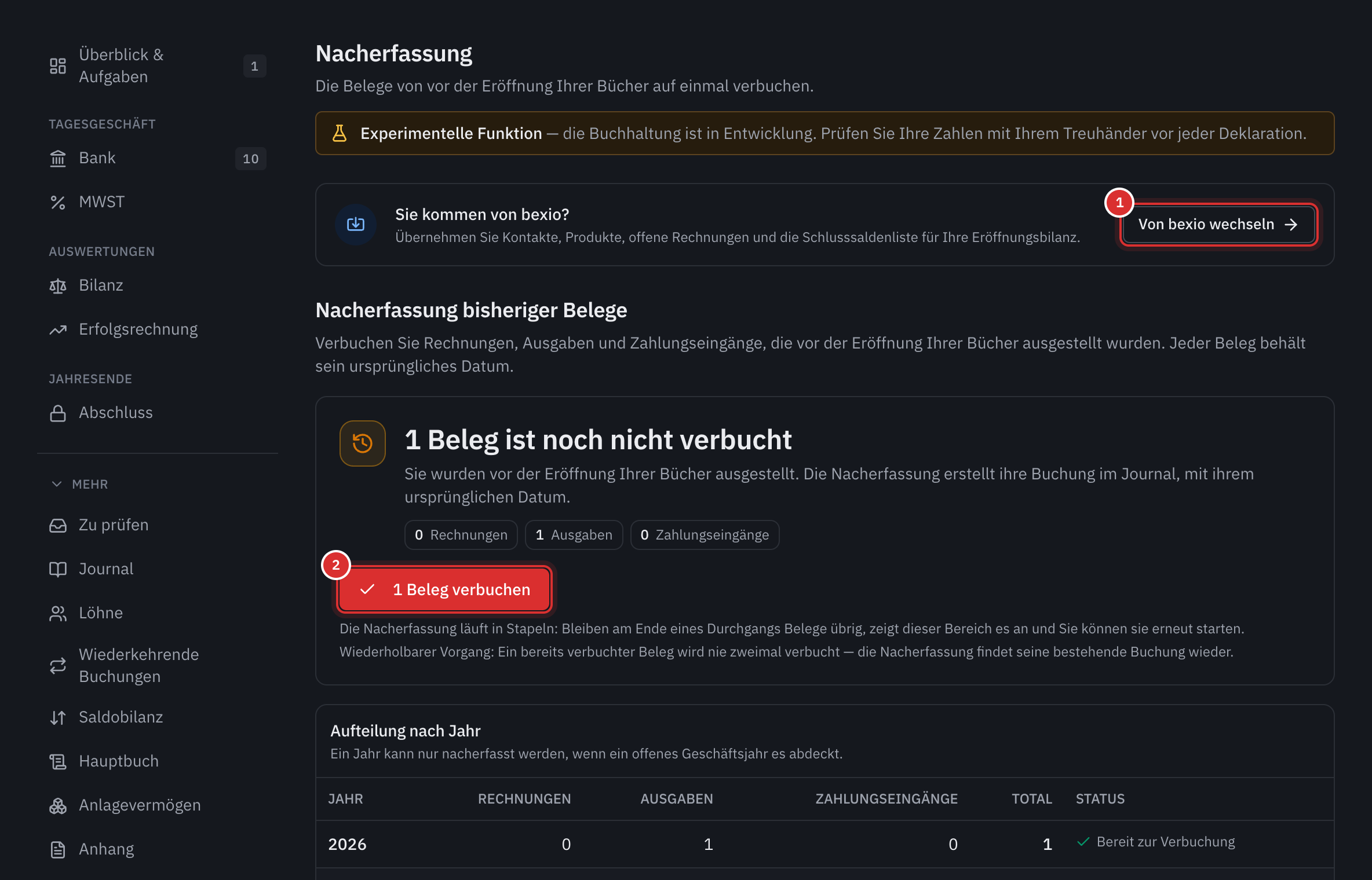 Die Seite Nacherfassung bisheriger Belege: der Link Von bexio wechseln, ein noch nicht verbuchter Beleg, die Schaltfläche 1 Beleg verbuchen und die Aufteilung nach Jahr.