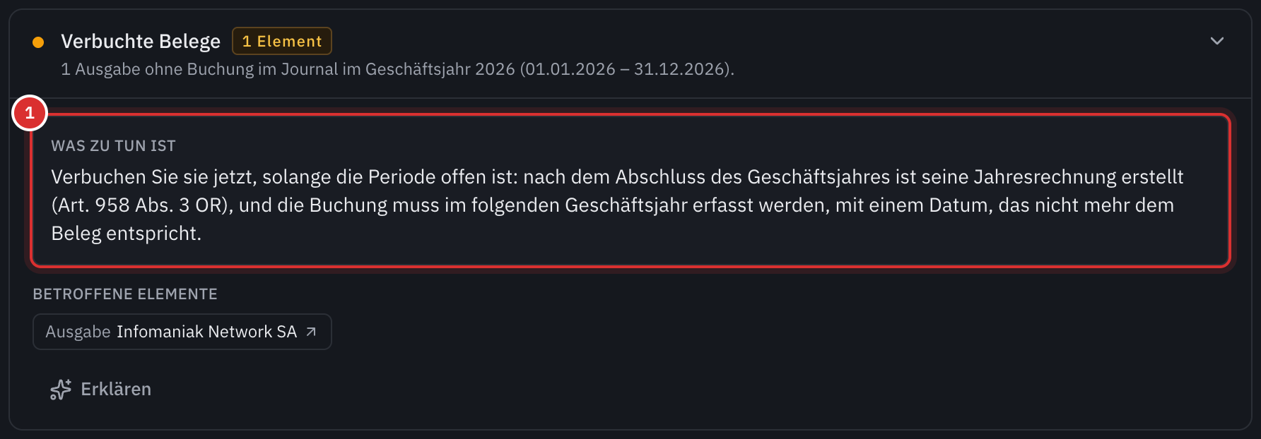 Ein zu prüfender Punkt: eine Ausgabe ohne Buchung im Journal, was zu tun ist, und die betroffene Ausgabe.