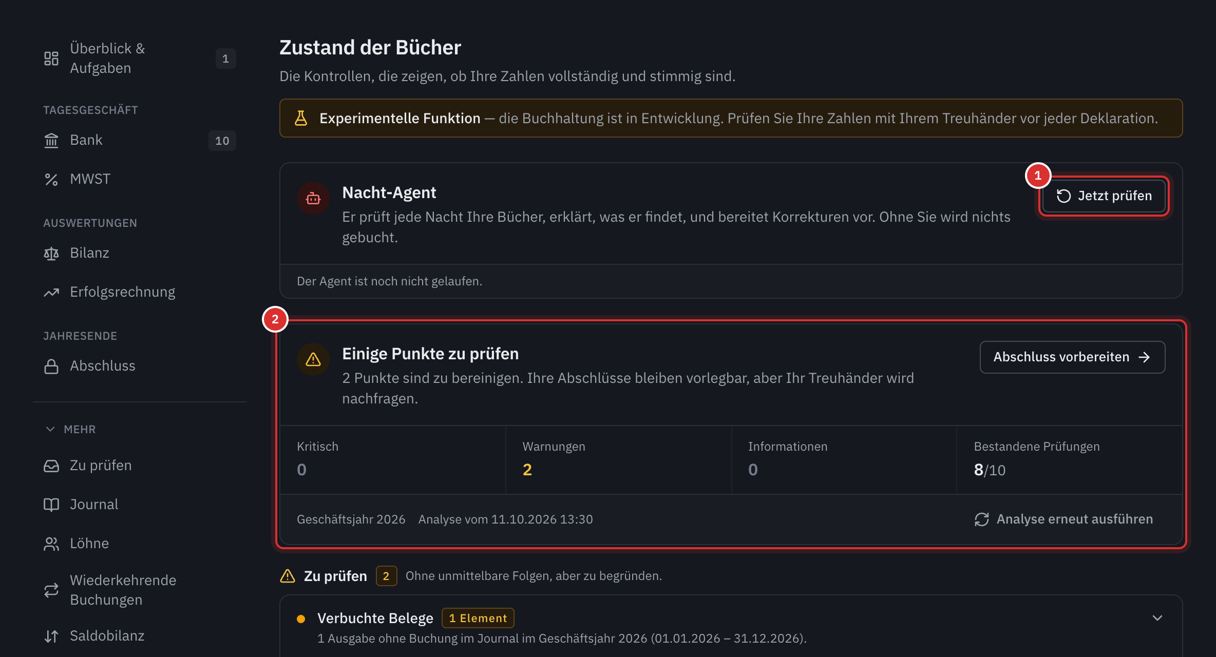 Die Seite Zustand der Bücher: der Nacht-Agent mit Jetzt prüfen, darunter die Diagnose Einige Punkte zu prüfen mit ihren Zählern.