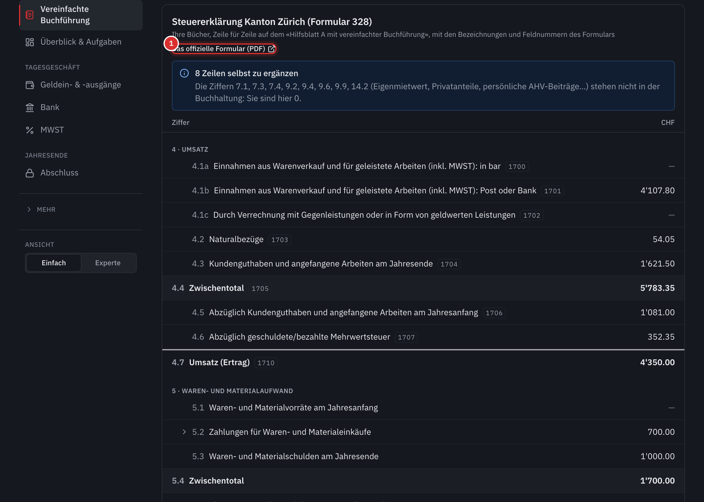 Die Ansicht Steuererklärung ZH 328: der Link zum offiziellen Formular, die selbst zu ergänzenden Zeilen und die Zeilen des Umsatzes.