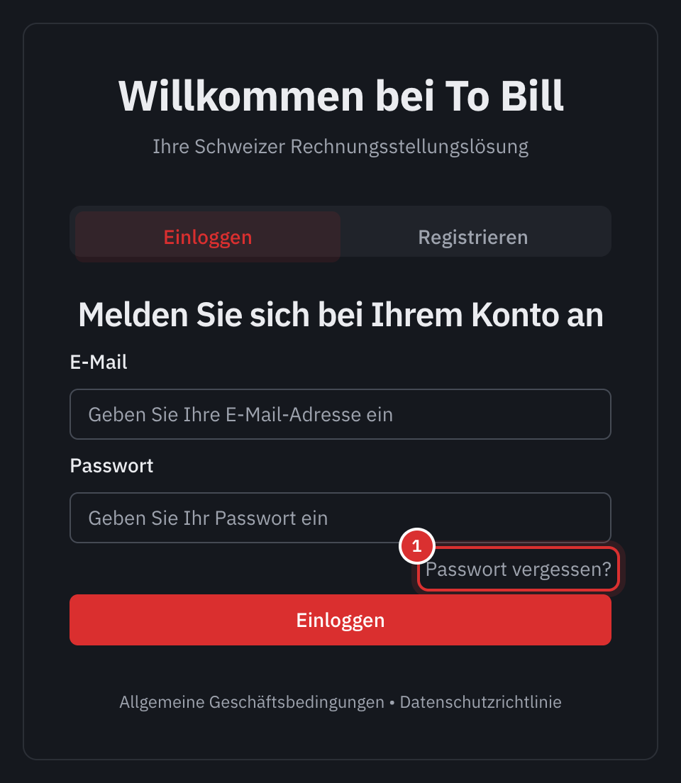 Die Seite Melden Sie sich bei Ihrem Konto an: E-Mail, Passwort und der Link Passwort vergessen.
