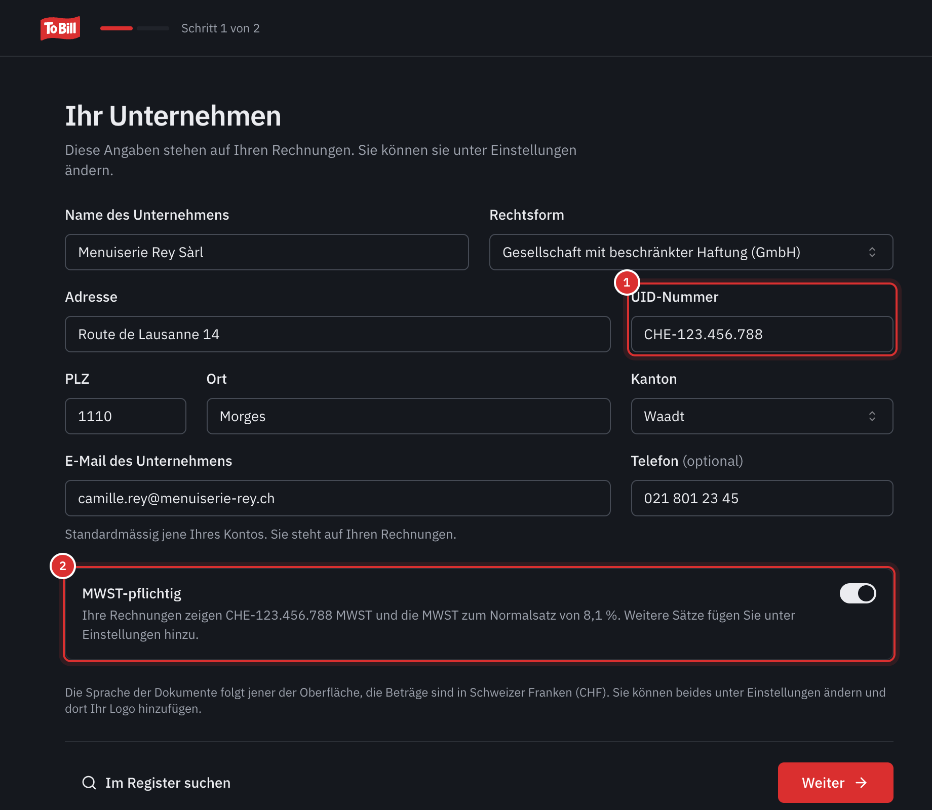 Der Schritt Ihr Unternehmen, von Hand ausgefüllt: Name, Rechtsform GmbH, Adresse, UID-Nummer, PLZ, Ort, Kanton Waadt, E-Mail, Telefon und der aktivierte Schalter MWST-pflichtig.