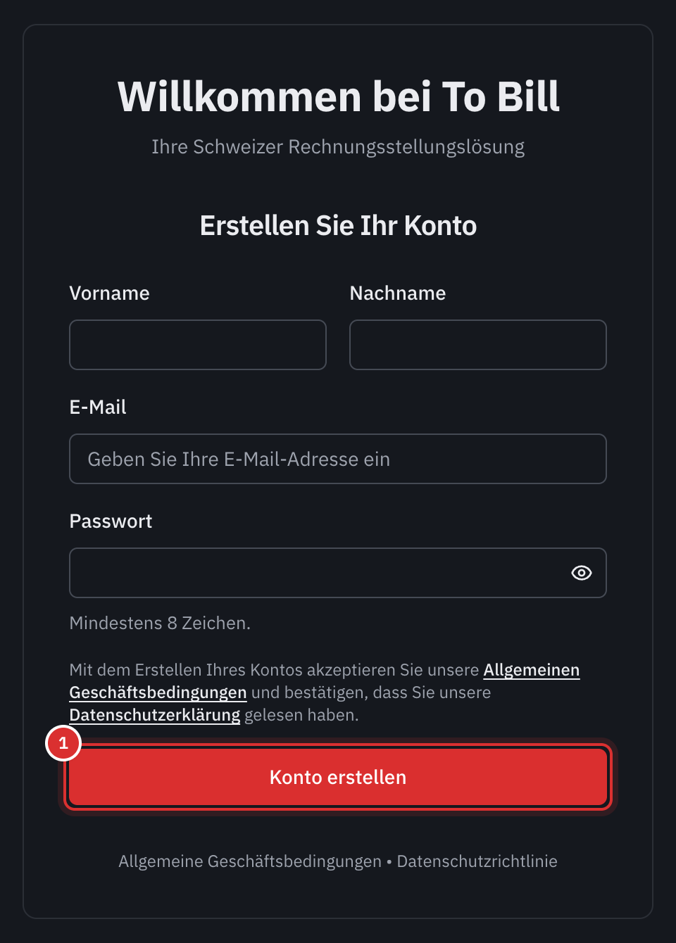 Das Formular Erstellen Sie Ihr Konto: Vorname, Nachname, E-Mail, Passwort, der Satz zu den Allgemeinen Geschäftsbedingungen und die Schaltfläche Konto erstellen.