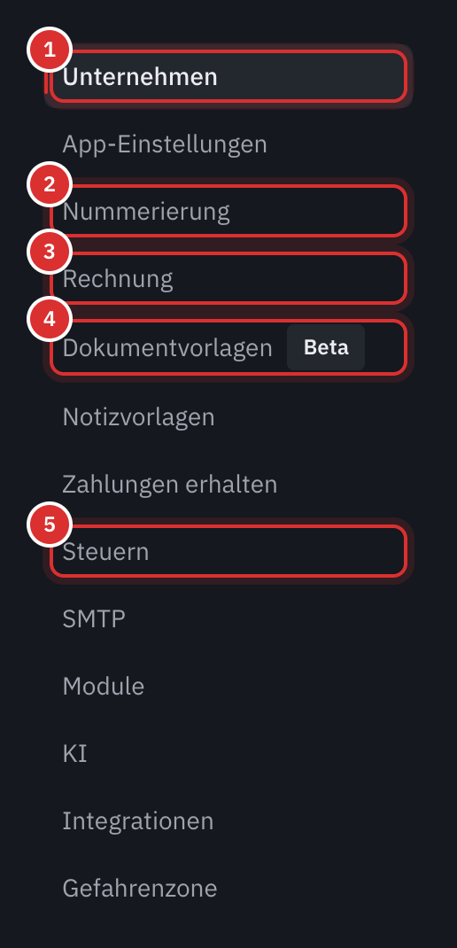 Das Menü der Einstellungen, mit Unternehmen, Nummerierung, Rechnung, Dokumentvorlagen und Steuern markiert.