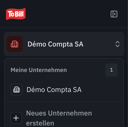 Die geöffnete Unternehmensauswahl: Meine Anwendungen, das aktuelle Unternehmen und Neue Anwendung erstellen.