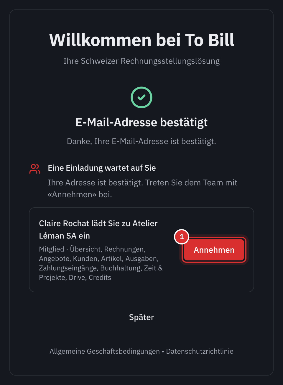 Die Seite E-Mail-Adresse bestätigt: Eine Einladung wartet auf Sie, Claire Rochat lädt Sie zu Atelier Léman SA ein, die Rolle Mitglied und ihre Bereiche, die Schaltfläche Annehmen und darunter Später.