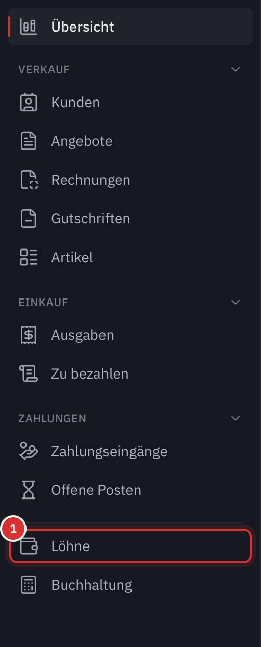 Das linke Menü: Verkauf, Einkauf und Zahlungen, dann der neue Eintrag Löhne vor Buchhaltung.