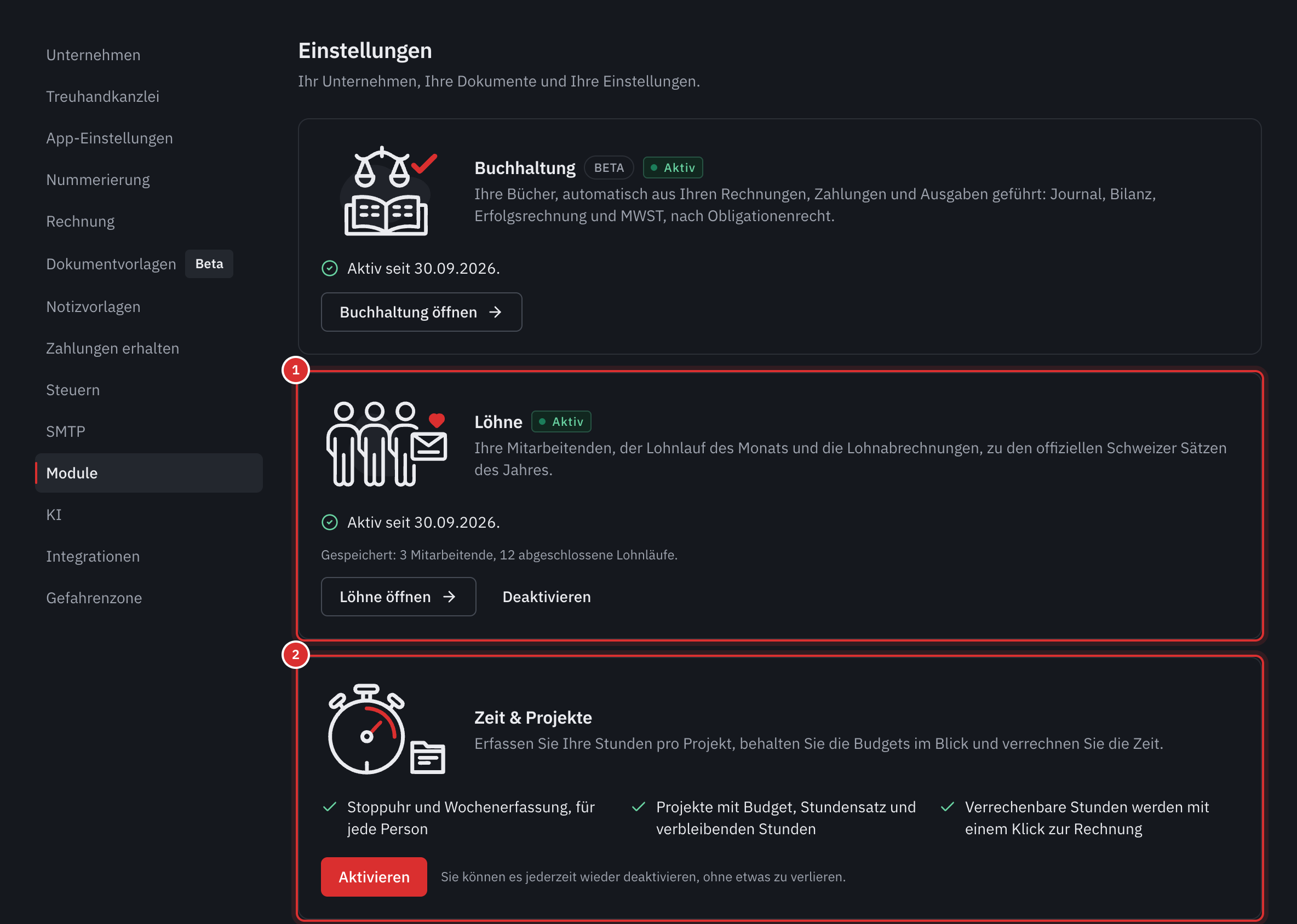 Der Tab Module: Buchhaltung und Löhne aktiviert, mit Öffnen und Deaktivieren, und Zeit & Projekte mit der Schaltfläche Aktivieren.