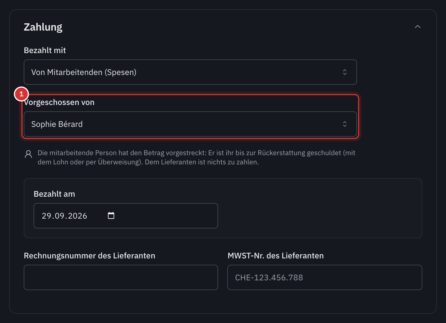 Die Zahlung einer Ausgabe, bezahlt Von Mitarbeitenden (Spesen), mit dem Feld Vorgeschossen von: Sophie Bérard.