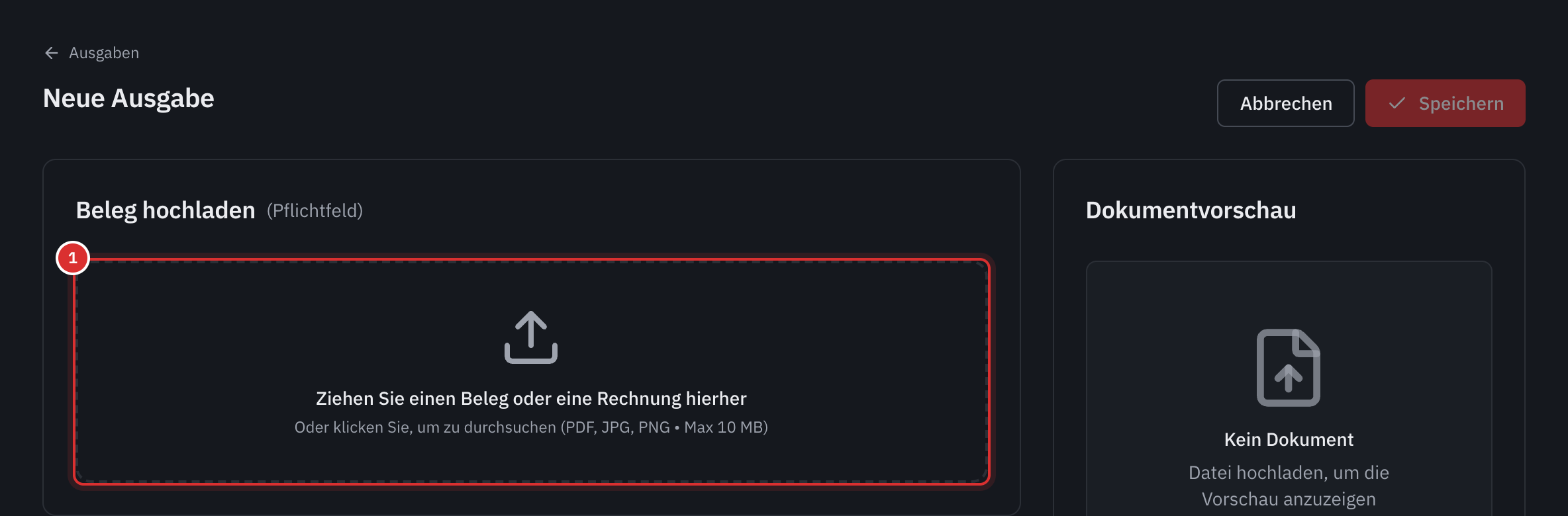 Die Seite Neue Ausgabe: der Bereich Beleg hochladen, als Pflichtfeld markiert, und rechts die Vorschau des Dokuments.