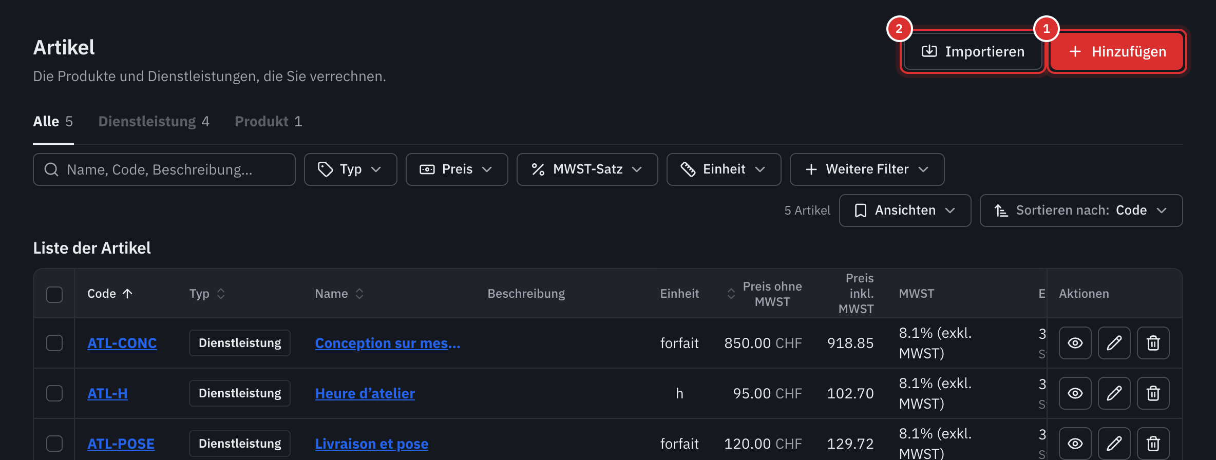 Die Artikelliste mit Code, Typ, Preis exkl. und inkl. MWST, MWST-Satz und Erlöskonto.
