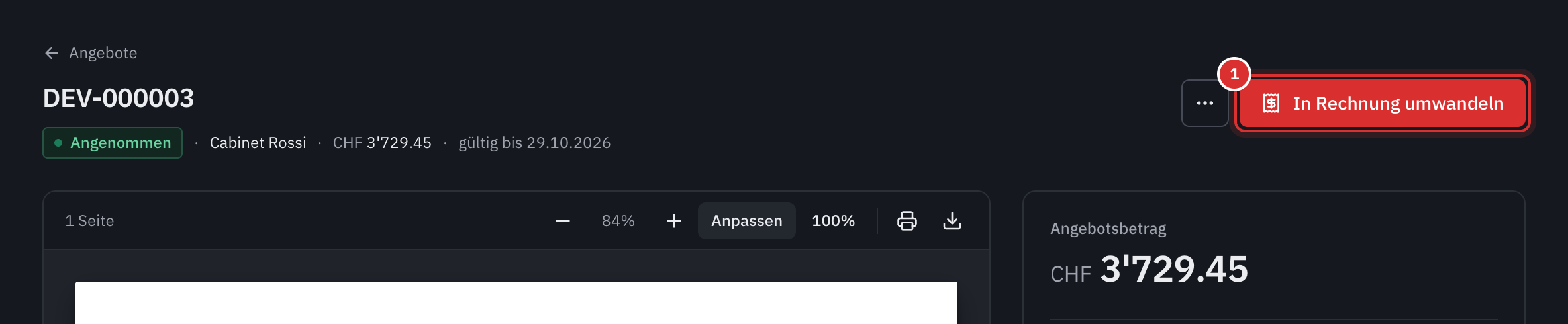 Der Kopf eines akzeptierten Angebots mit der Schaltfläche In Rechnung umwandeln.