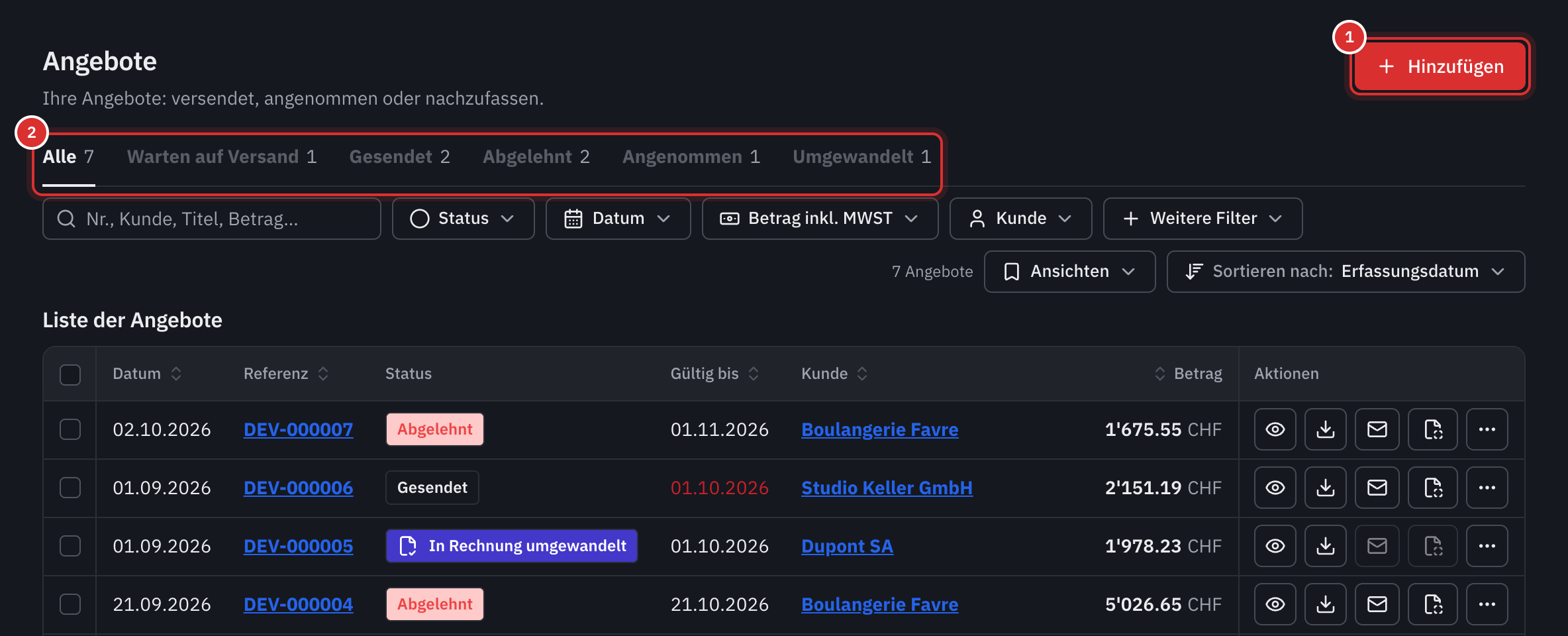 Die Angebotsliste mit der Schaltfläche Hinzufügen und den Registerkarten nach Status: Alle, Warten auf Versand, Gesendet, Abgelehnt, Angenommen, Umgewandelt.