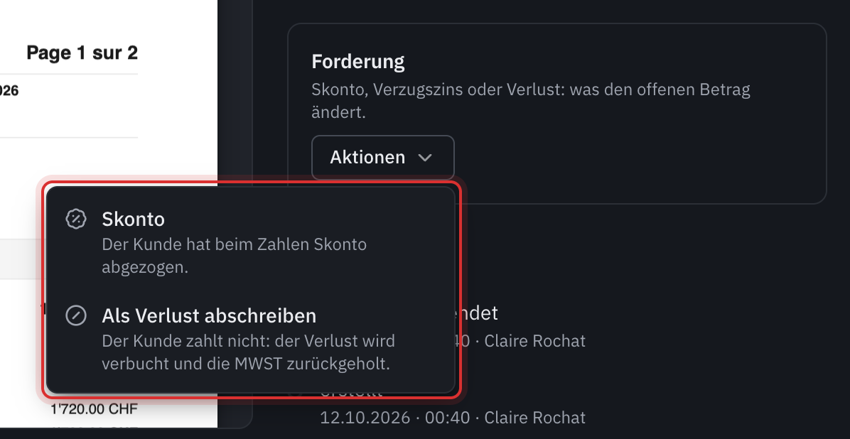 Das Feld Forderung einer Rechnung mit geöffnetem Menü Aktionen: Skonto und Als Verlust abschreiben.