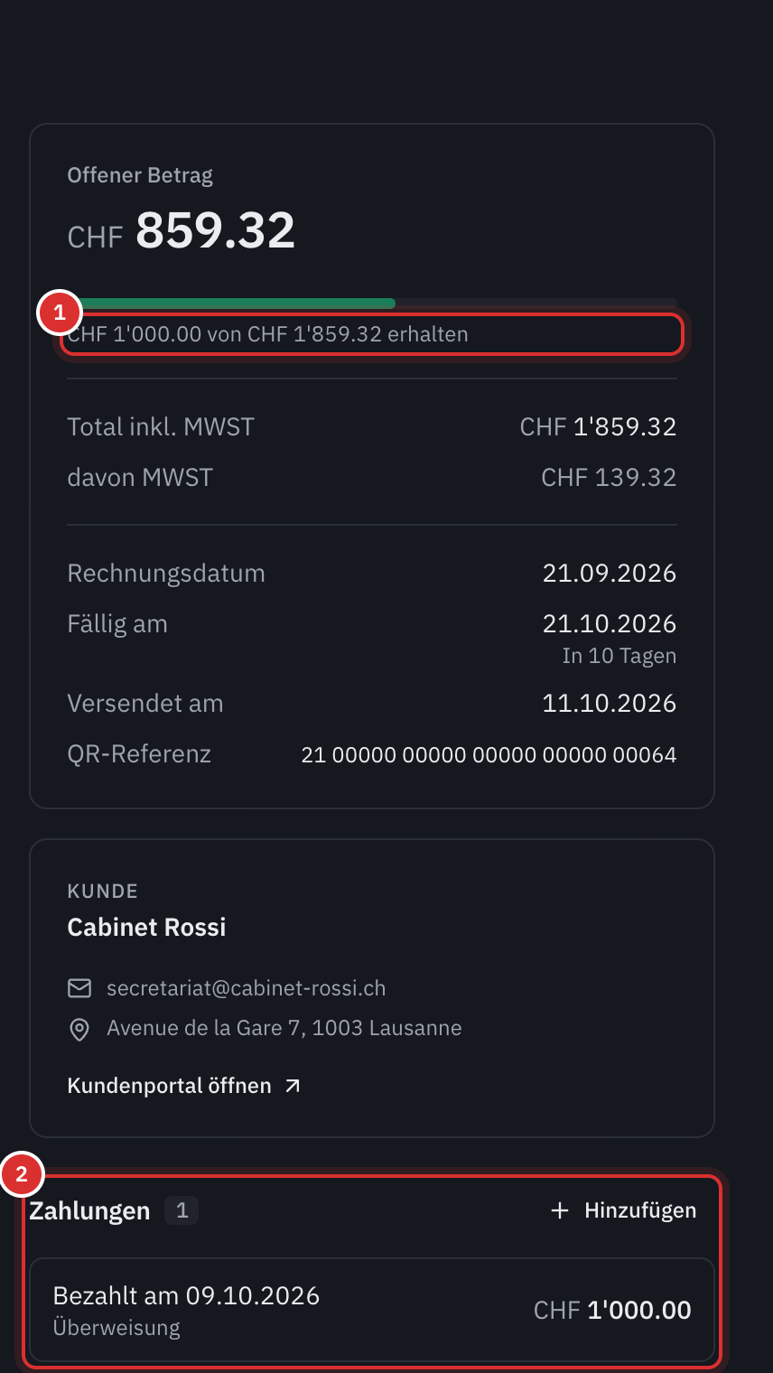 Die Zusammenfassung einer teilweise bezahlten Rechnung: der offene Betrag, der Fortschrittsbalken 1’000 CHF von 1’859.32 CHF erhalten und der Bereich Zahlungen mit der eingegangenen Überweisung.